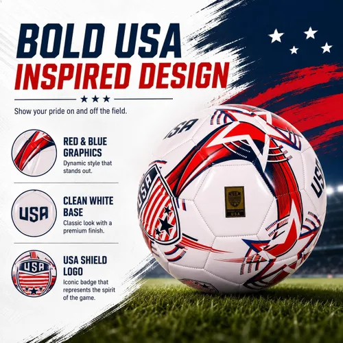 Miniatura 6 de CLASICO Balón de fútbol de Estados Unidos, tamaño 5, con base blanca limpia y colores rojo y azul, incluye bomba y aguja, para edades de 14 años