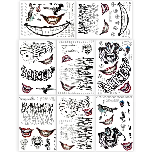 NEDEQI - 8 hojas de tatuajes de Joker de tamaño grande, tatuaje falso temporal de Halloween para hombres y adultos, todas las versiones, calcomanías