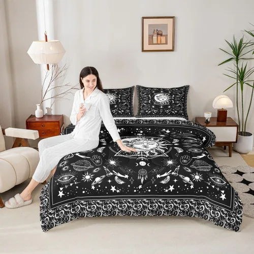 Miniatura 15 de Juego de edredón de champiñones para niños, tamaño individual, juego de ropa de cama romántica con sol, luna, cielo estrellado y galaxia, decoración
