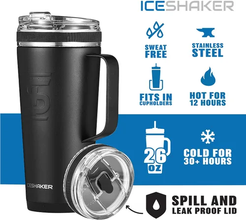 Ice Shaker Vaso flexible de acero inoxidable de 26 onzas con asa, como se ve en Shark Tank, vaso blanco moderno para beber