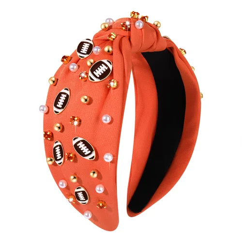 Miniatura 16 de Diadema de fútbol para mamá, accesorios de perlas con diamantes de imitación anudados, banda ancha para el pelo negra, diadema de nudo superior