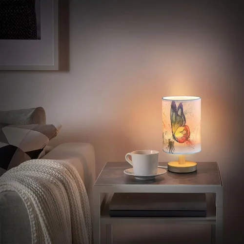 Miniatura 6 de Lámpara de mesa pintada Mariposa Diente de León con base de madera y pantalla de tela para mesita de noche, lámpara de escritorio para recámara