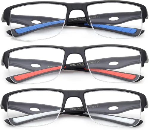 Miniatura 2 de Newbee Fashion - Paquete de 3 gafas de lectura deportivas para hombre, medio marco, 1.00 dioptrías, azul, rojo y blanco