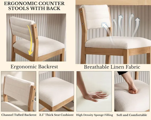 Miniatura 2 de HNY 26.5 Inches Counter Height Single Bar Stool, Beige Linen Upholstered Counter Stool with Back, Solid Wood Legs and Footrest, Farmhouse Wooden