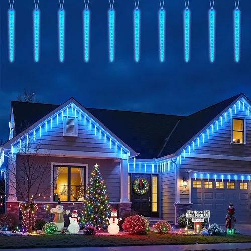 Brightown Luces de carámbano de lluvia de meteoritos de Navidad para exteriores, 30 pies con 30 tubos 720 LED efecto de caída, decoraciones Azul