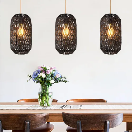 Miniatura 5 de Ruzectt Luminarias Colgantes Luces Colgantes de Ratán Negro para Isla de Cocina con Cable de Algodón Dorado Ajustable de 72 pulgadas, Lámpara