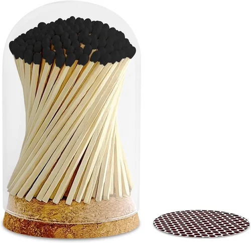 Decorative Matches Large Dome Glass Jar | 4" Black Long Matches (150 Matchsticks) + Cork Top Glass Holder + Striker Stickers | Gifts, Décor & Candle
