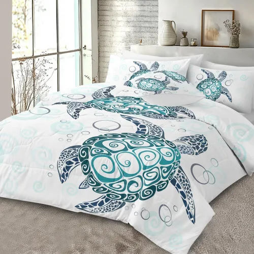 Miniatura 2 de Sleepwish - Juego de edredón con estampado de tortuga, juego de cubrecamas de tortuga hawaiana tamaño Queen en 3D, edredón de playa lindo para cama
