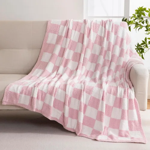 YIRUIO Mantas de Tiro a Cuadros Queen, Tamaño King, Grandes, Esponjosas, Peludas, Más Cálidas, Cómodas, Reversibles, Súper Suaves y Acogedoras, Rosa