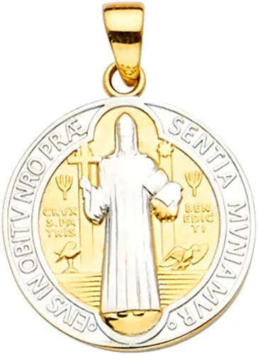 Miniatura 3 de Wellingsale Medalla San Benito de oro blanco y amarillo de 14 k en dos tonos (tamaño 0.945 x 0.630in)