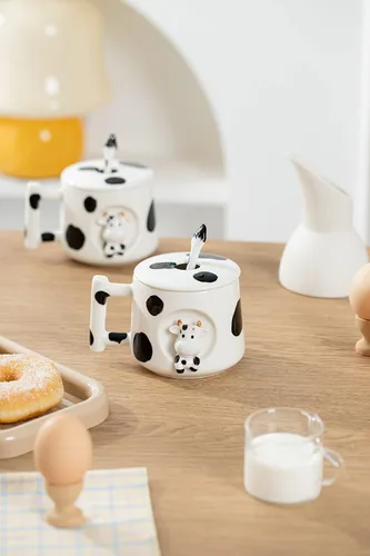 Miniatura 6 de DIHOclub Adorable Taza de Cerámica 3D de Vaca con Tapa y Cuchara - Perfecta para Café, Té, Leche y Más - Regalo Ideal para Amantes de los Animales