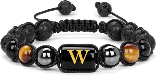 Pulseras de cuentas con iniciales para hombre, pulsera de triple protección de 0.315 in de obsidiana y hematita, hecha a mano con letras de piedra