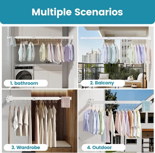 Miniatura 7 de Abiglifty Tendedero para ropa montado en la pared, plegable, retráctil y plegable con 18 ganchos para uso en interiores y exteriores en lavandería