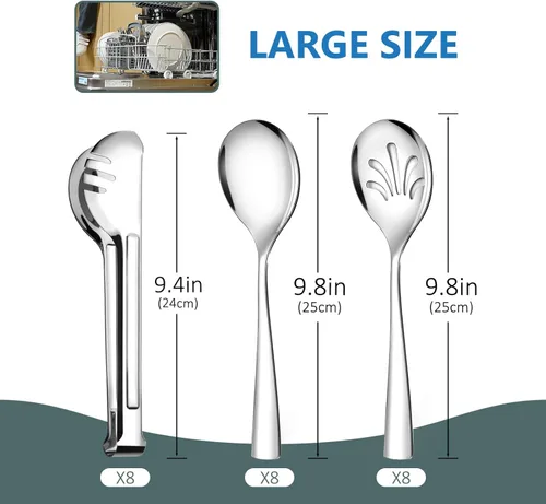Miniatura 3 de Teivio - Juego de 24 utensilios grandes de acero inoxidable para servir, 8 cucharas de servir de 10", 8 cucharas ranuradas de 10" y 8 pinzas