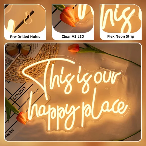 Miniatura 4 de NOSUN Letrero de neón con texto en inglés «This is Our Happy Place» para decoración de pared, regulable, luz blanca cálida, para dormitorio, aula