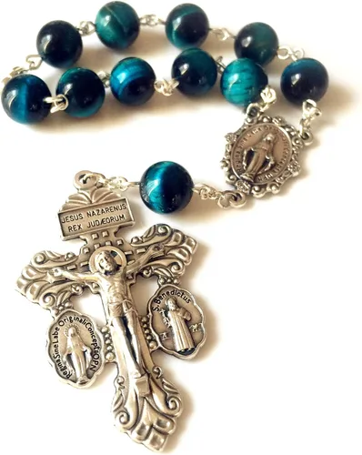 elegantmedical Hecho a mano de pavo real bule ojo de tigre cuentas de jade rosario de coche oración católica una década rosario pulsera de pardón