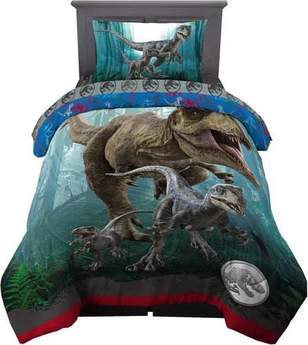 Jurassic World Dominion Blue Velociraptor y Rexy T-Rex - Edredón reversible de microfibra súper suave, tamaño individual, ropa de cama de Franco