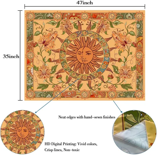 Miniatura 7 de Tapiz amarillo con sol y luna, vintage, bohemio, para colgar en la pared con girasoles, mariposa, polilla, constelación, tapices de pared