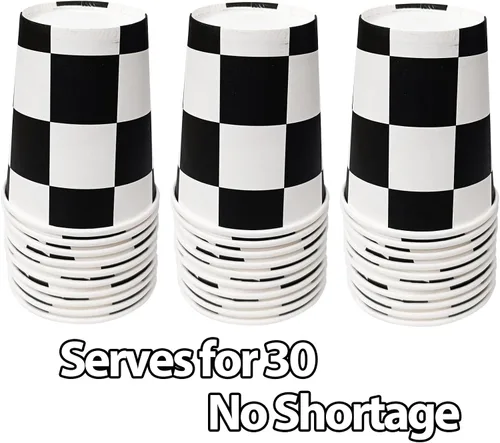 Miniatura 2 de 30 tazas de papel a cuadros para fiestas de coches de carreras en blanco y negro, para fiestas de cumpleaños temáticas de carreras