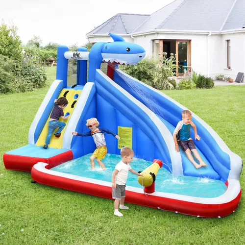 Miniatura 2 de BOUNTECH - Tobogán acuático inflable, parque de toboganes acuáticos con temática de tiburón para niños y adultos, diversión al aire libre