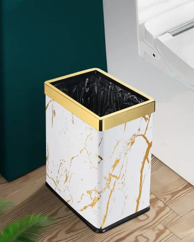 Miniatura 7 de Basurero pequeño de oficina para dormitorio, papelera rectangular delgada para baño, cocina, 2.6 galones (mármol blanco dorado)
