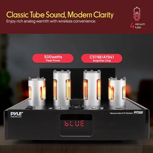 Miniatura 2 de Pyle Receptor amplificador Bluetooth con 4 tubos de vacío, sistema estéreo de audio doméstico de alta fidelidad de 500 W, lector USB, entradas
