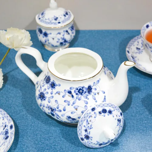 Miniatura 4 de Juego de té de porcelana de hueso, juego de té de porcelana de 21 piezas para adultos, tazas de té y platillos para 6, con tetera, cucharas, Azul