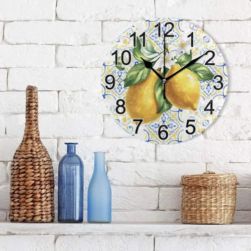 Miniatura 3 de Reloj de pared con azulejos de limones mediterráneos, sin tictac, silencioso, reloj de cocina grande, funciona con pilas, 10 pulgadas