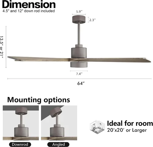 Miniatura 4 de WINGBO - Ventilador de techo DC de 64 pulgadas con luces y control remoto, 5 aspas reversibles de madera tallada, motor DC silencioso de 6 Grafito