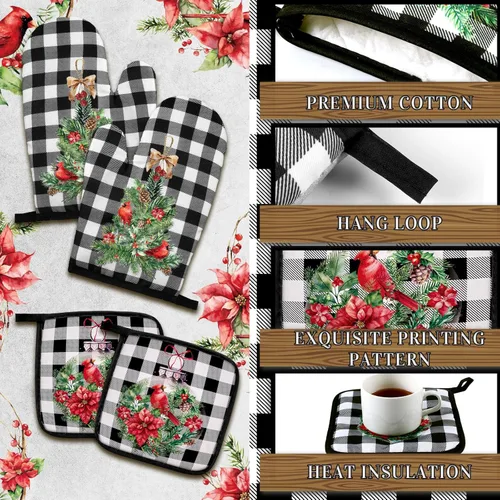 Miniatura 5 de Bencailor Juego de 6 Pzas de Toallas de Cocina Cardinal Guantes de Horno y Soportes para Ollas Navideño Toallas de Platos Guantes de Horno