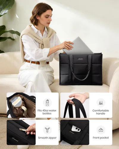 Miniatura 7 de LOVEVOOK Bolsa para laptop para mujer, bolsa de mano acolchada para el trabajo, maletín grande de computadora de 15.6 pulgadas para profesores, Beige