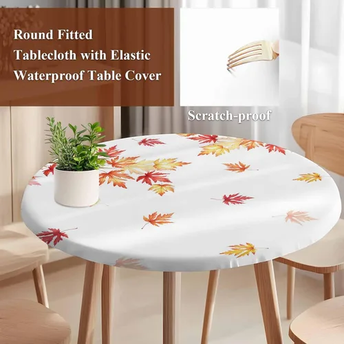 Miniatura 5 de Mantel redondo impermeable con hojas de otoño, tela lavable, mantel elástico a prueba de aceite, para fiestas de picnic en interiores y exteriores