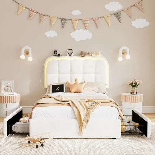 Miniatura 3 de CypBed Base de cama individual con cajones de almacenamiento y cabecero, base de cama LED tapizada de terciopelo para niños, marco de cama de metal