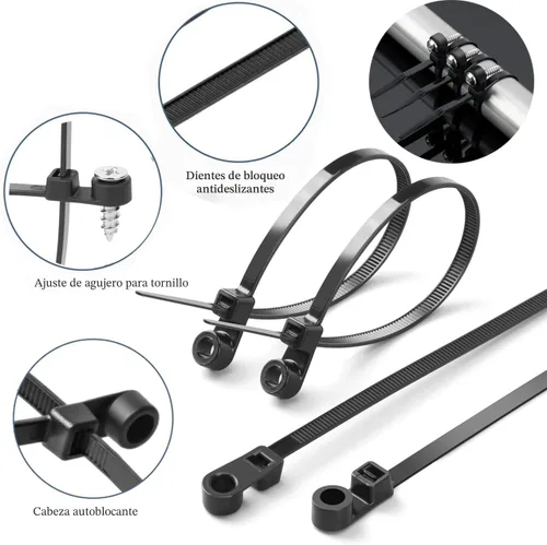 Miniatura 3 de Bridas de cremallera negras de 8 pulgadas con agujero de tornillo, bridas de cable resistentes para cables de 75 libras con cabeza montable