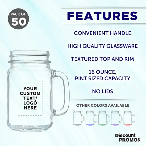 Miniatura 2 de DISCOUNT PROMOS Libbey Mason frascos personalizados con asas, 16 onzas, juego de 50, paquete personalizado a granel, estilo tradicional, alto