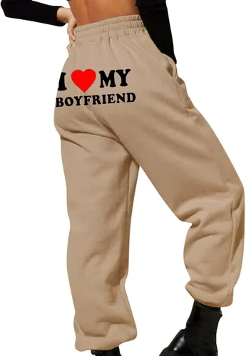 I Love My Boyfriend - Pantalones deportivos a la moda, elásticos, de cintura alta, pantalones deportivos casuales de forro polar sueltos, pantalones