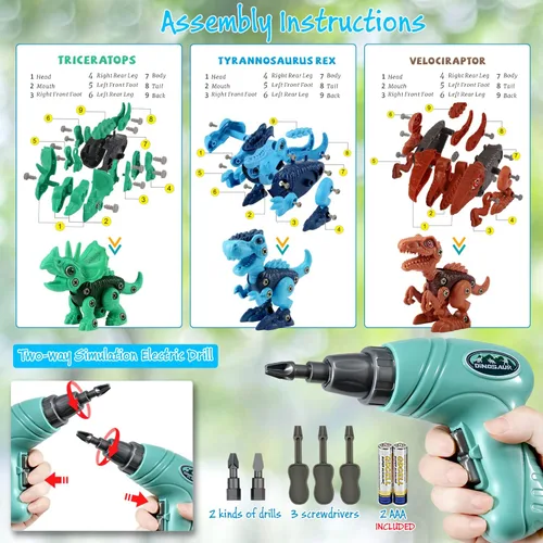 Miniatura 4 de Juguetes STEM de dinosaurios para niños de 3 a 5 años, juguetes de dinosaurio desmontables con taladro eléctrico, juguete educativo de construcción