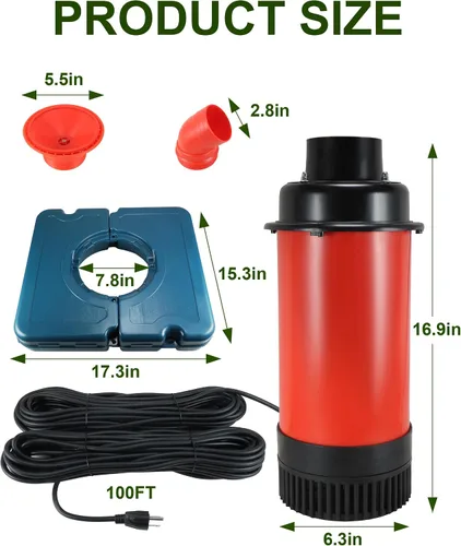 Miniatura 6 de Aireador de fuente de estanque 1HP, 750 W, 15000 GPH, 110 V-120 V, bomba de fuente de agua flotante con cable de alimentación de 100 pies, color Rojo