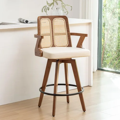 Miniatura 22 de Juego de 2 Taburetes de Mostrador - Taburetes Giratorios de 27 Pulgadas con Respaldo de Ratán, Brazos Curvos, Asiento Tapizado, Patas de Bambú Nogal
