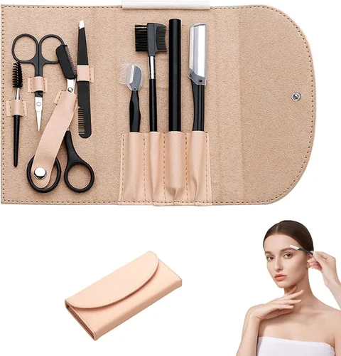 8 unids/set kit profesional de aseo para moldear cejas, juego de herramientas de belleza con bolsa de cuero, kit de aseo de cejas para mujeres y