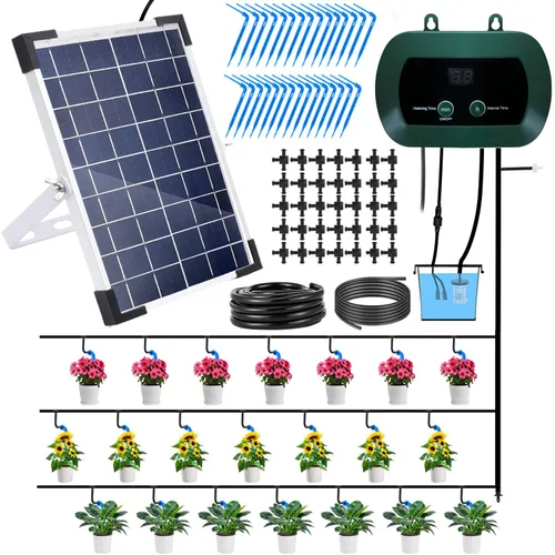 Lewisia Sistema de riego por goteo solar de 5 W con temporizador, kit de riego automático para jardín, camas elevadas, patio, césped, invernadero de