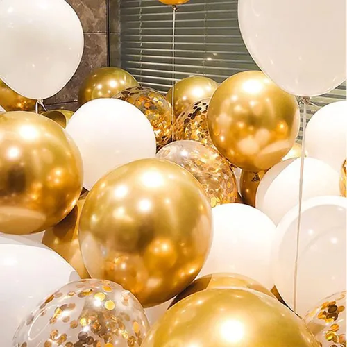 Miniatura 3 de Globos de látex con confeti blanco y dorado, paquete de 50 globos de fiesta dorados y blancos de 12 pulgadas con cintas para cumpleaños, graduación