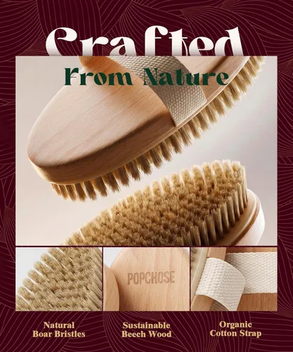 Miniatura 3 de POPCHOSE Cepillo de cepillado en seco para el cuerpo, cepillo exfoliante de cerdas naturales para piel seca, cepillo corporal para una piel