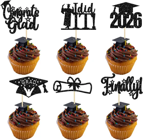 Miniatura 37 de Paquete de 24 adornos para cupcakes de clase 2026 con purpurina 2026 Felicidades Graduación Diploma Done Cupcake Picks 2026 Graduación Temática