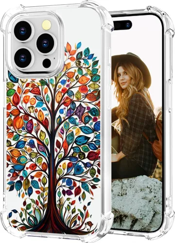 Hungo Funda compatible con iPhone 15 Pro Max para mujer, diseño transparente lindo, árbol Promax femenino con hojas coloridas de otoño