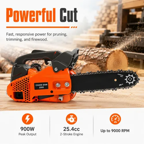 Miniatura 2 de Motosierra de gas de 12 pulgadas con mango superior de 25.4 cc, 2 tiempos, motosierra inalámbrica de mano de gasolina, sierras de cadena portátiles