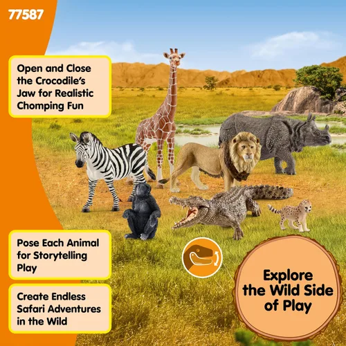 Miniatura 3 de Schleich Wild Life - Paquete de 7 juguetes de animales de sabana - Juego de juguetes de safari con rinoceronte, cocodrilo, cachorro de guepardo