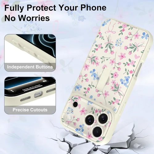 Miniatura 5 de Funda diseñada para iPhone 17 Pro Max con soporte plegable y correa para dedos, bonito patrón de lazo de corazón de flor rosa para mujeres y niñas