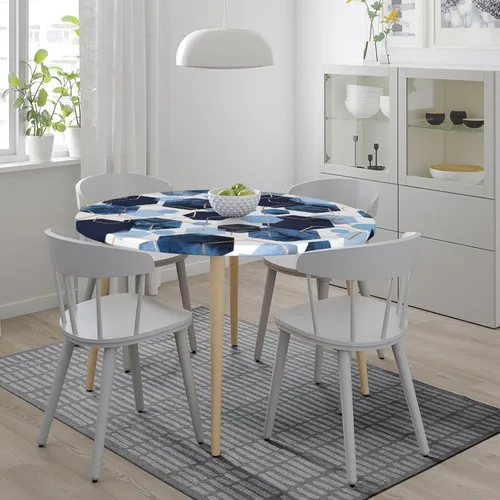 Miniatura 3 de Mantel redondo geométrico azul y blanco con bordes elásticos para mesas de hasta 45 a 50 pulgadas de diámetro