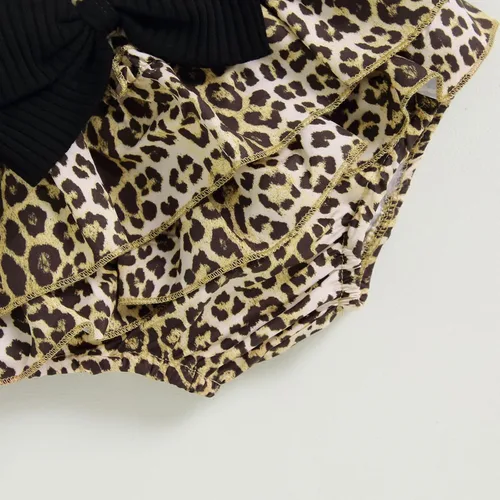 Miniatura 5 de Conjunto de ropa de verano para bebé recién nacida, sin mangas, con estampado de amor, volantes, pantalones cortos de leopardo, 3 piezas, diadema